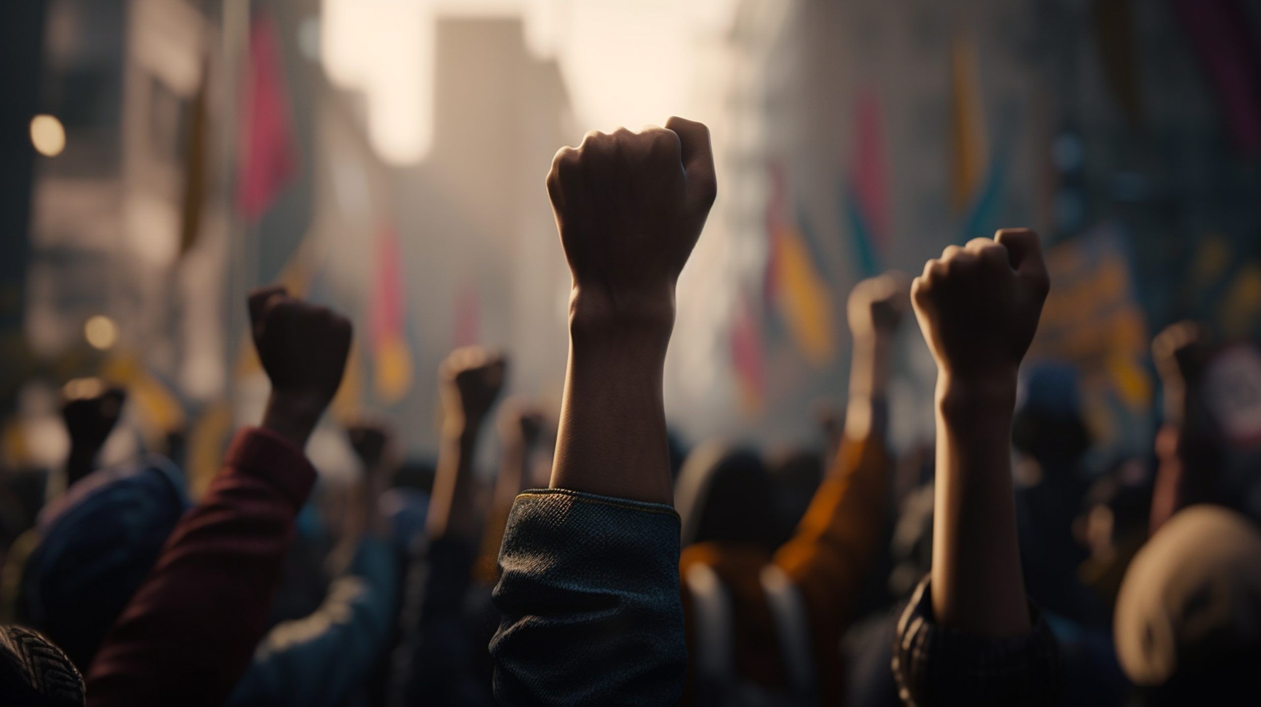Many hands raised up in the air during a protest or demonstratio